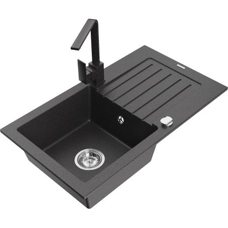 Mexen Pablo granite sink 1-bowl with drainer and Rita kitchen tap, black speckled- 6510-76-670300-76