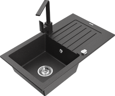 Mexen Pablo granite kitchen sink 1-bowl with drainer and kitchen faucet Rita, speckled black - 6510-76-670300-76