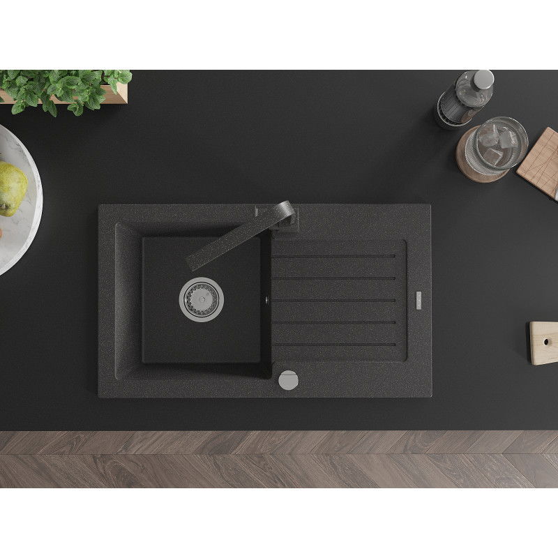 Mexen Pablo granite sink 1-bowl with drainer and Rita kitchen tap, black speckled- 6510-76-670300-76