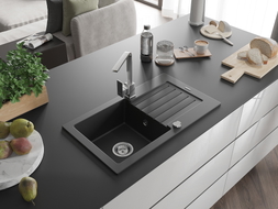 Mexen Pablo granite kitchen sink with 1-bowl, drainer, and kitchen faucet Rita, black - 6510-77-670300-00