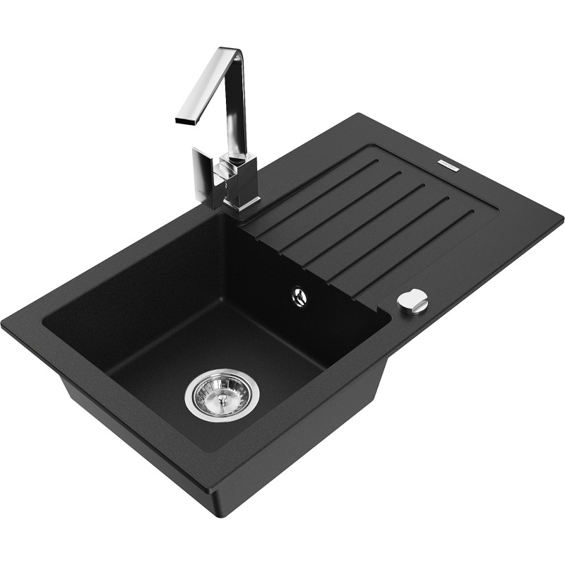 Mexen Pablo granite kitchen sink with 1-bowl, drainer, and kitchen faucet Rita, black - 6510-77-670300-00