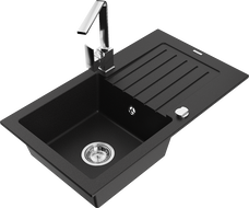 Mexen Pablo granite kitchen sink with 1-bowl, drainer, and kitchen faucet Rita, black - 6510-77-670300-00