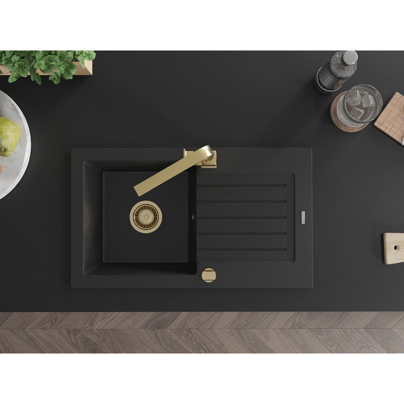 Mexen Pablo granite sink 1-bowl with drainer and kitchen faucet Rita, black - 6510-77-670300-50