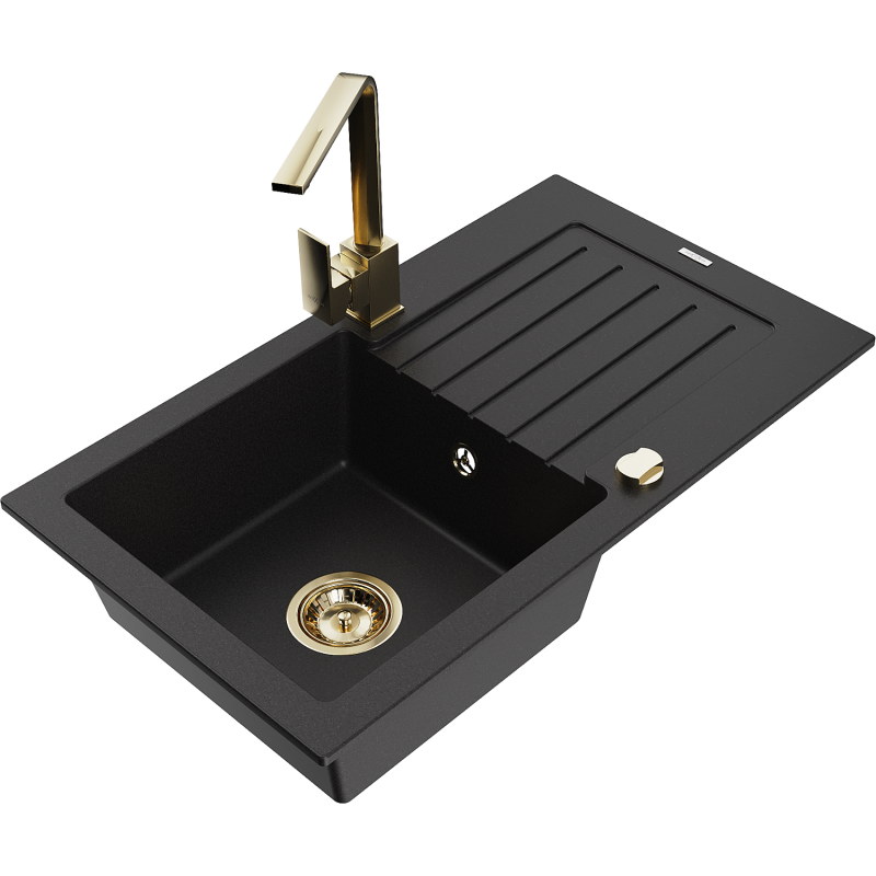 Mexen Pablo 1-compartment granite sink with a drip tray and kitchen mixer tap Rita, Black - 6510-77-670300-50