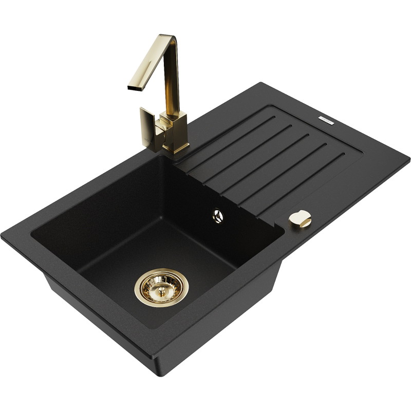 Mexen Pablo granite sink 1-bowl with drainer and kitchen faucet Rita, black - 6510-77-670300-50