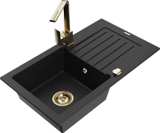 Mexen Pablo 1-compartment granite sink with a drip tray and kitchen mixer tap Rita, Black - 6510-77-670300-50