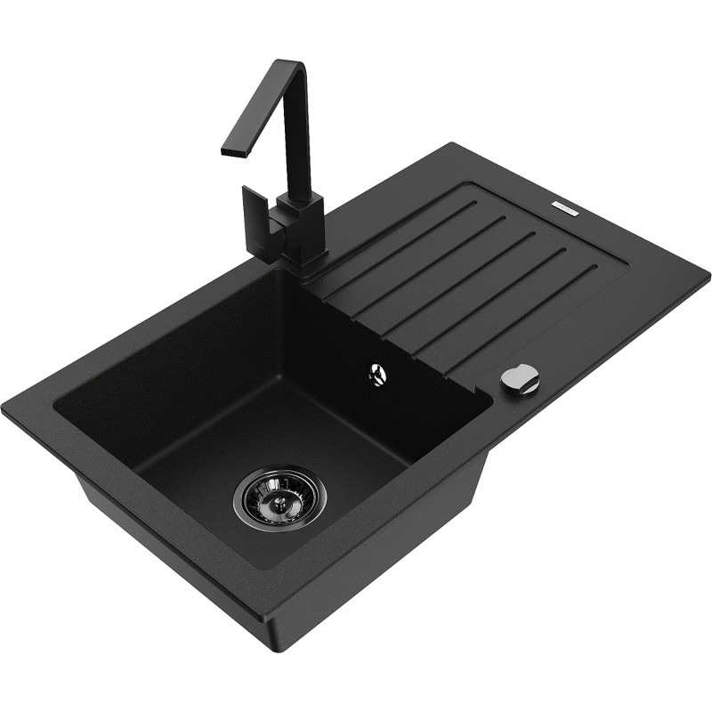 Mexen Pablo granite sink 1-bowl with drainer and kitchen faucet Rita, black - 6510-77-670300-70-B