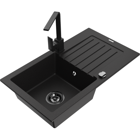 Mexen Pablo 1-compartment granite sink with a drip tray and kitchen mixer tap Rita, Black - 6510-77-670300-70-B