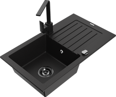Mexen Pablo 1-compartment granite sink with a drip tray and kitchen mixer tap Rita, Black - 6510-77-670300-70-B
