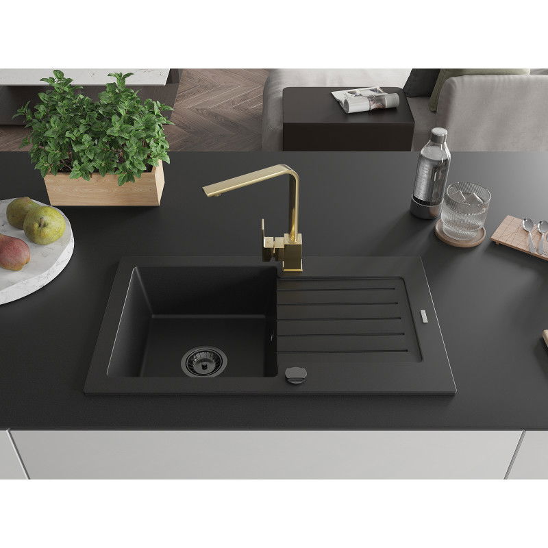 Mexen Pablo granite sink single-bowl with drainer and Rita kitchen tap, black - 6510-77-670300-50-B