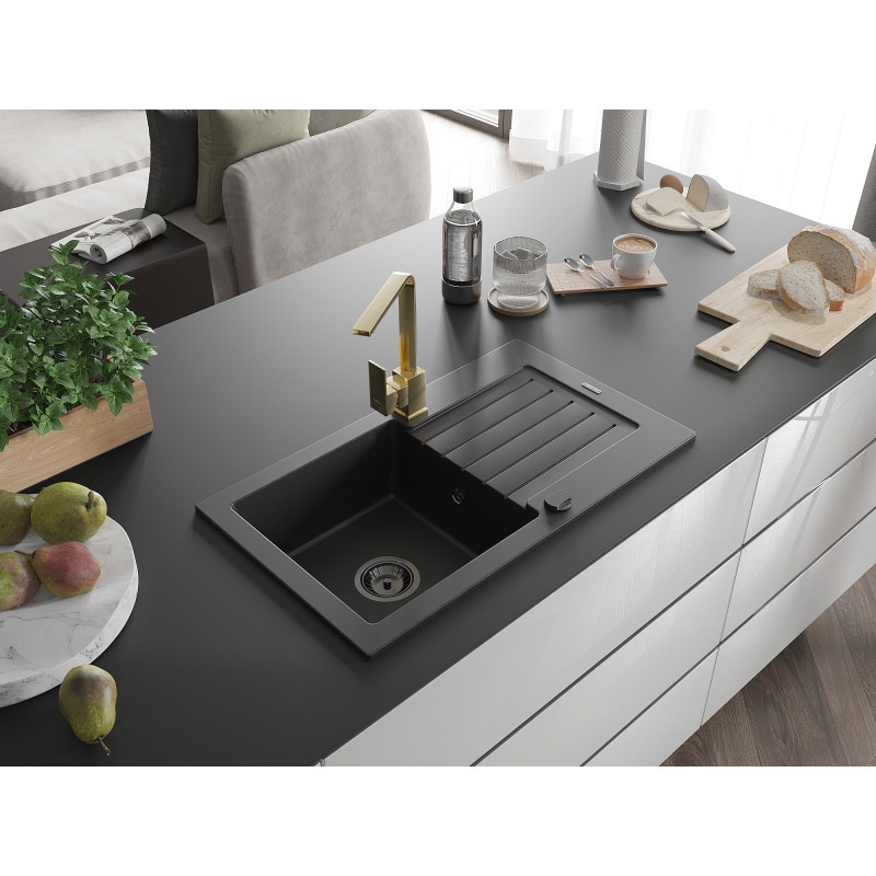Mexen Pablo granite kitchen sink 1-bowl with drainer and kitchen faucet Rita, black - 6510-77-670300-50-B
