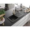 Mexen Pablo granite single-bowl kitchen sink with drainer and Rita faucet, black - 6510-77-670300-50-B