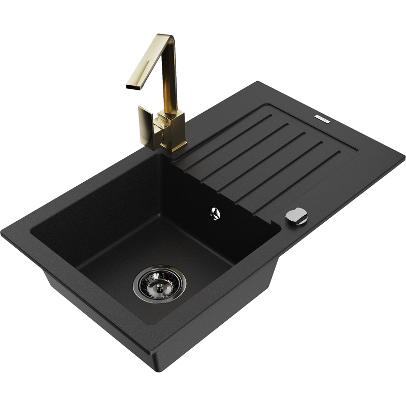 Mexen Pablo 1-compartment granite sink with a drip tray and kitchen mixer tap Rita, Black - 6510-77-670300-50-B