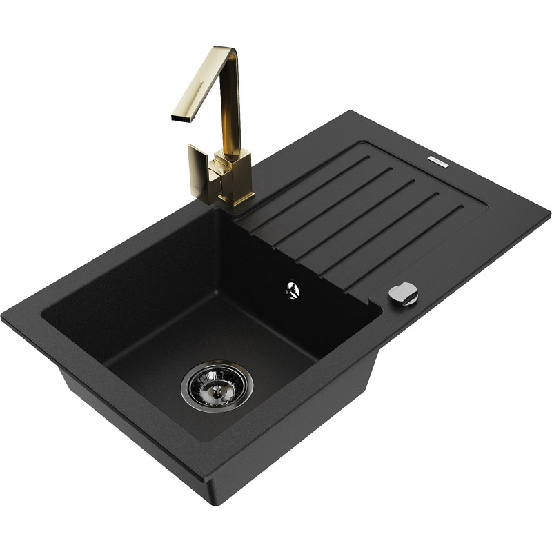 Mexen Pablo granite kitchen sink 1-bowl with drainer and kitchen faucet Rita, black - 6510-77-670300-50-B