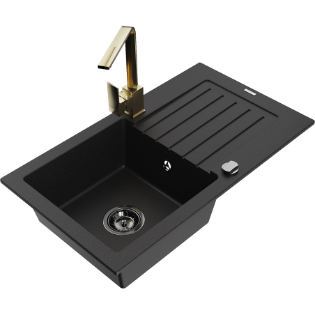 Mexen Pablo granite single-bowl kitchen sink with drainer and Rita faucet, black - 6510-77-670300-50-B