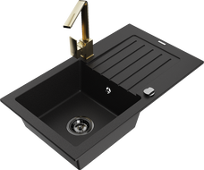 Mexen Pablo granite single-bowl kitchen sink with drainer and Rita faucet, black - 6510-77-670300-50-B