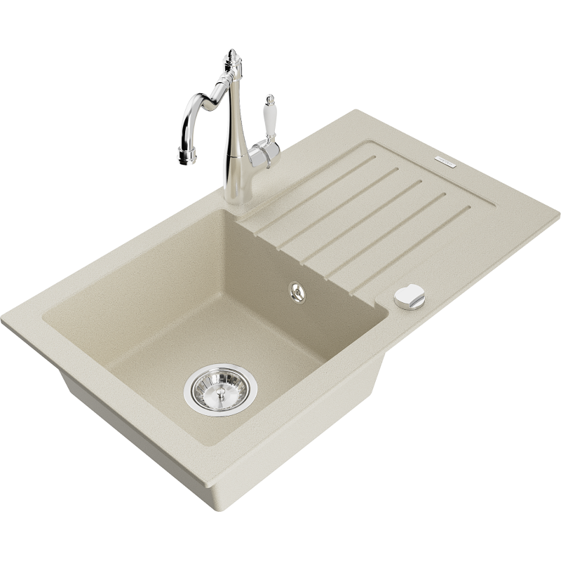 Mexen Pablo 1-bowl granite sink with drainer and Carla kitchen tap, beige - 6510-69-670700-00