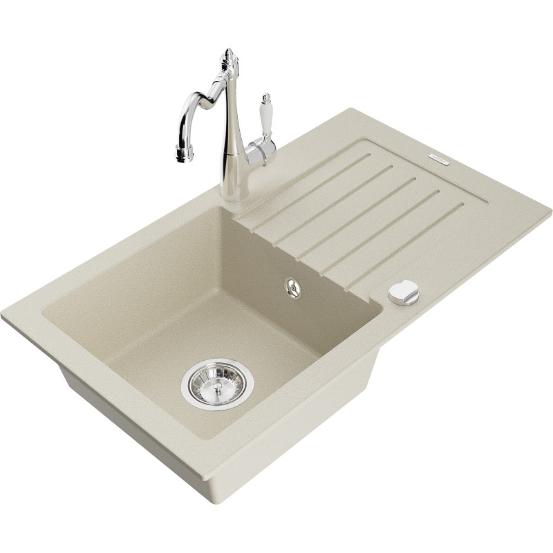 Mexen Pablo granite kitchen sink 1-bowl with drainer and Carla faucet, beige - 6510-69-670700-00