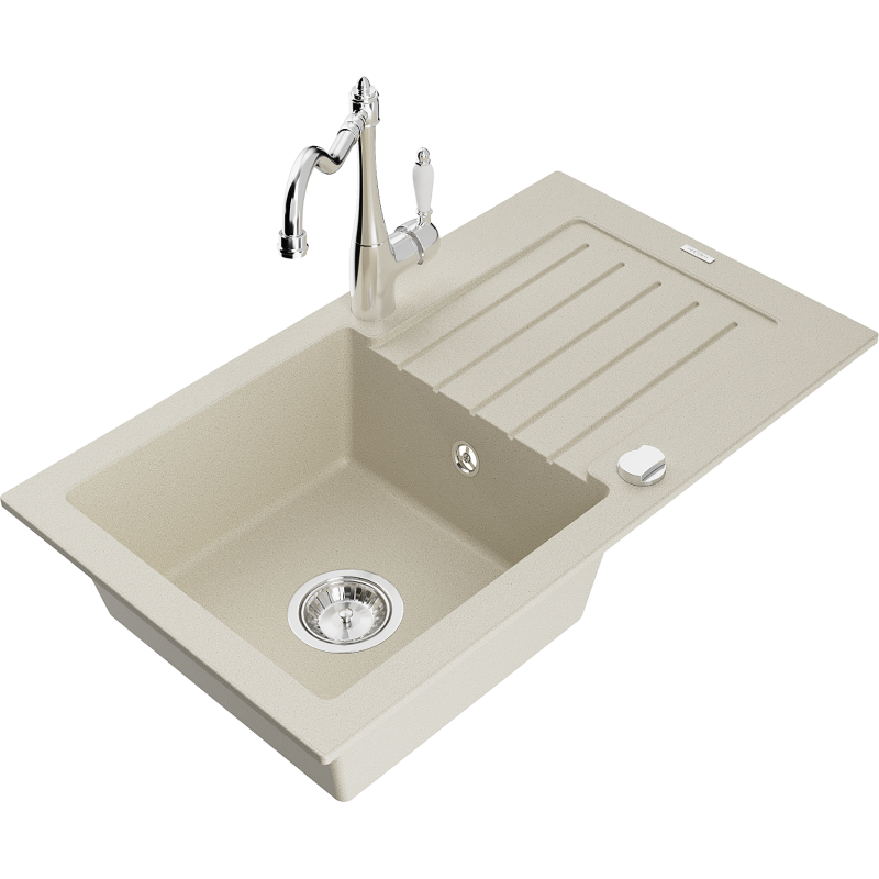 Mexen Pablo granite kitchen sink 1-bowl with drainer and Carla kitchen faucet, beige - 6510-69-670700-00