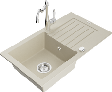 Mexen Pablo granite kitchen sink 1-bowl with drainer and Carla faucet, beige - 6510-69-670700-00