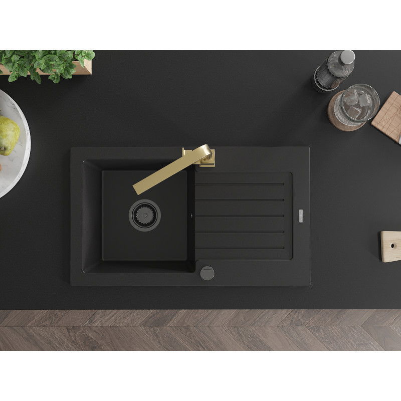 Mexen Pablo granite sink single-bowl with drainer and Rita kitchen tap, black - 6510-77-670300-50-B