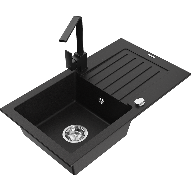 Mexen Pablo single-bowl granite sink with drainer and Rita kitchen tap, black - 6510-77-670300-70