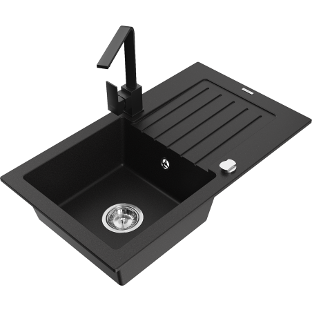 Mexen Pablo single-bowl granite sink with drainer and Rita kitchen tap, black - 6510-77-670300-70