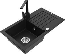 Mexen Pablo 1-bowl granite sink with drainer and kitchen faucet Rita, black - 6510-77-670300-70