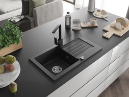 Mexen Pablo 1-bowl granite sink with drainer and kitchen faucet Rita, black - 6510-77-670300-70