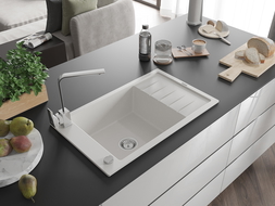 Mexen Elias 1-compartment granite sink with a drip tray and kitchen mixer tap Rita, White - 6511-20-670300-00