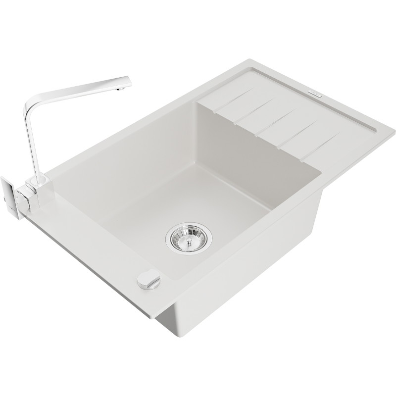 Mexen Elias 1-bowl granite sink with drainer and kitchen faucet Rita, white - 6511-20-670300-00
