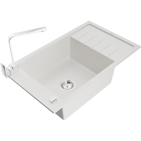 Mexen Elias 1-compartment granite sink with a drip tray and kitchen mixer tap Rita, White - 6511-20-670300-00