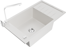 Mexen Elias 1-compartment granite sink with a drip tray and kitchen mixer tap Rita, White - 6511-20-670300-00
