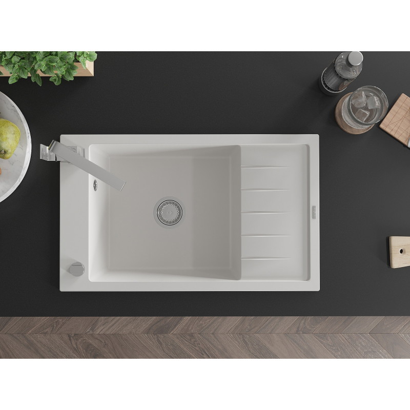 Mexen Elias granite kitchen sink 1-bowl with drainer and kitchen faucet Rita, white - 6511-20-670300-00