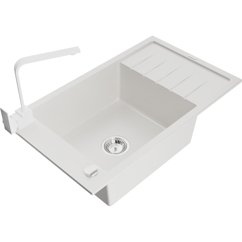 Mexen Elias 1-bowl granite kitchen sink with drainer and Rita kitchen faucet, white - 6511-20-670300-20