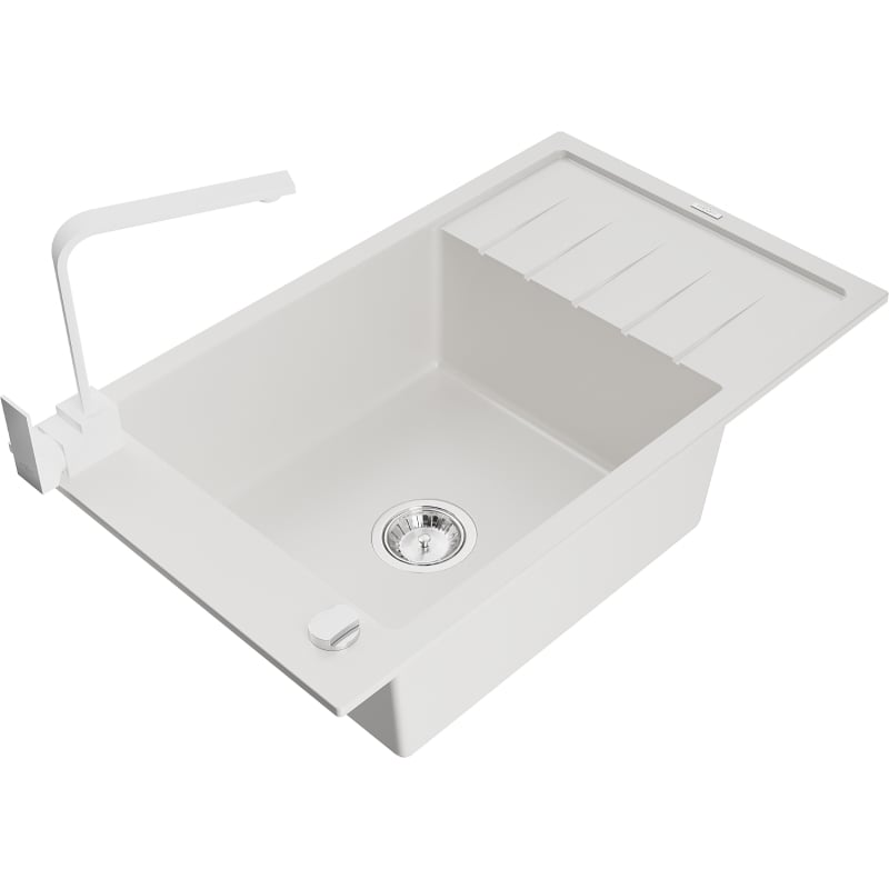 Mexen Elias 1-bowl granite sink with drainer and Rita kitchen faucet, white - 6511-20-670300-20