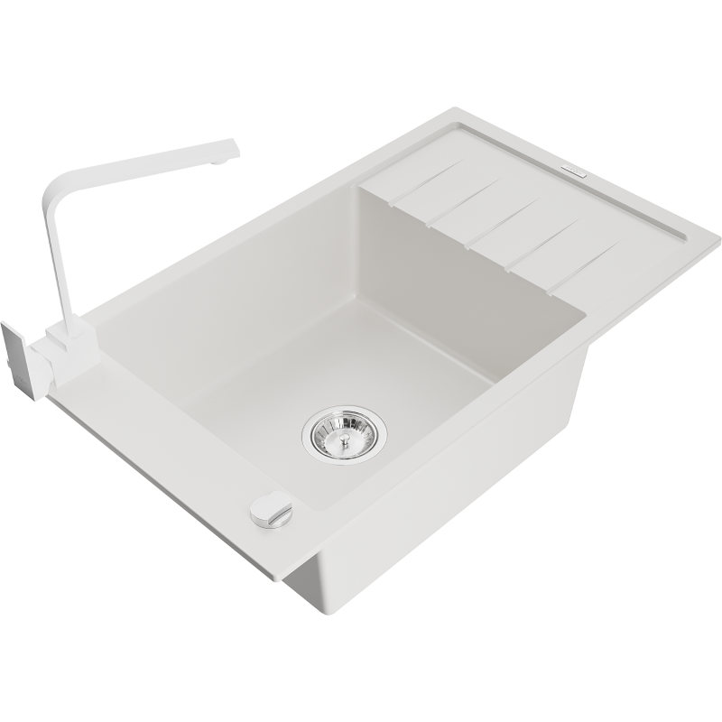 Mexen Elias 1-compartment granite sink with a drip tray and kitchen mixer tap Rita, White - 6511-20-670300-20