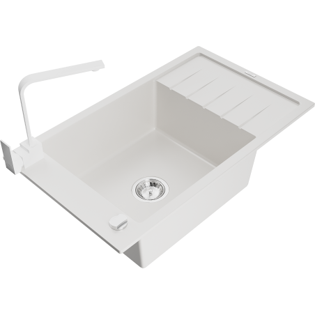 Mexen Elias 1-bowl granite kitchen sink with drainer and Rita kitchen faucet, white - 6511-20-670300-20