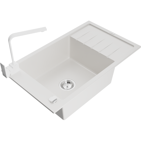 Mexen Elias 1-bowl granite sink with drainer and Rita kitchen faucet, white - 6511-20-670300-20