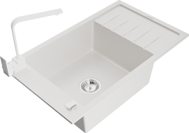Mexen Elias 1-compartment granite sink with a drip tray and kitchen mixer tap Rita, White - 6511-20-670300-20