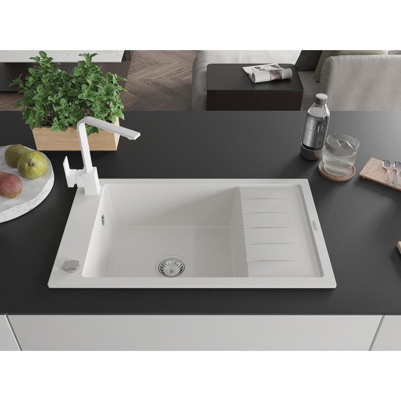 Mexen Elias 1-bowl granite kitchen sink with drainer and Rita kitchen faucet, white - 6511-20-670300-20