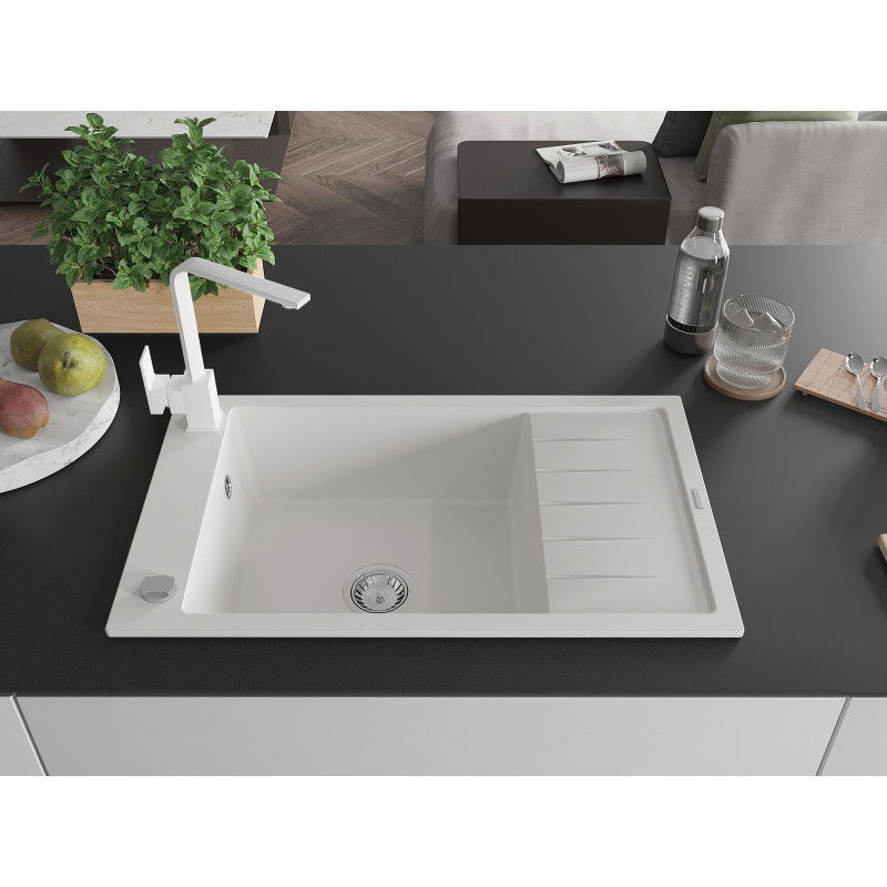 Mexen Elias granite sink 1-bowl with drainer and Rita kitchen tap, white - 6511-20-670300-20