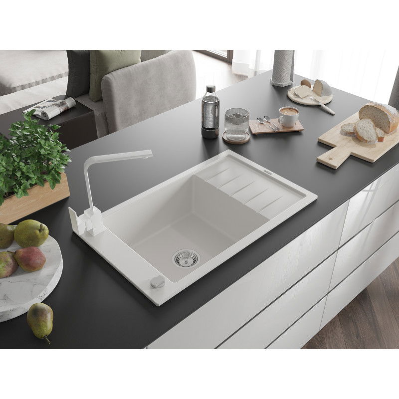 Mexen Elias granite sink 1-bowl with drainer and Rita kitchen tap, white - 6511-20-670300-20