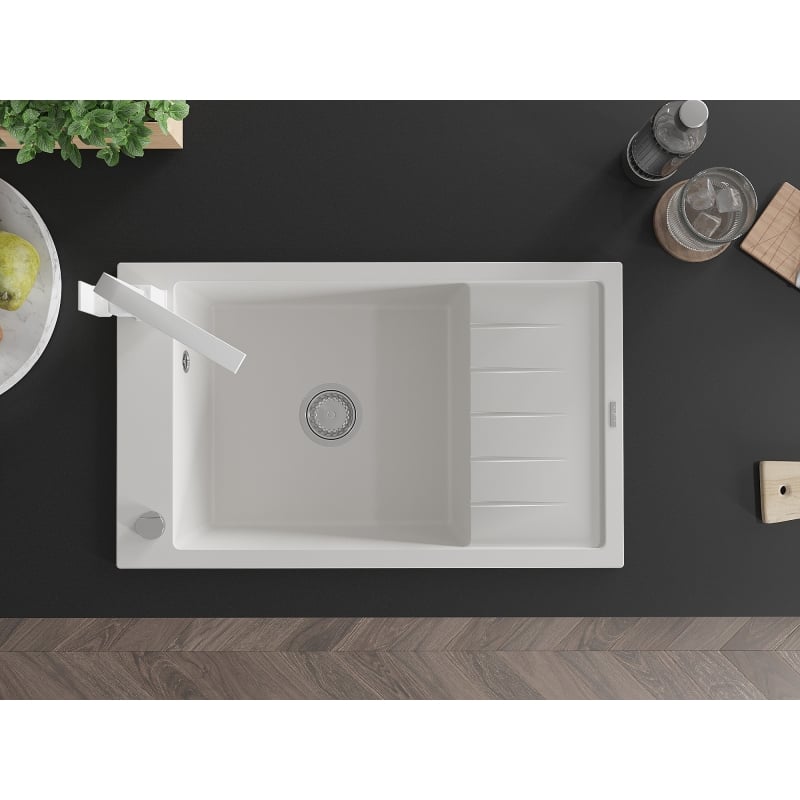 Mexen Elias 1-bowl granite sink with drainer and Rita kitchen faucet, white - 6511-20-670300-20