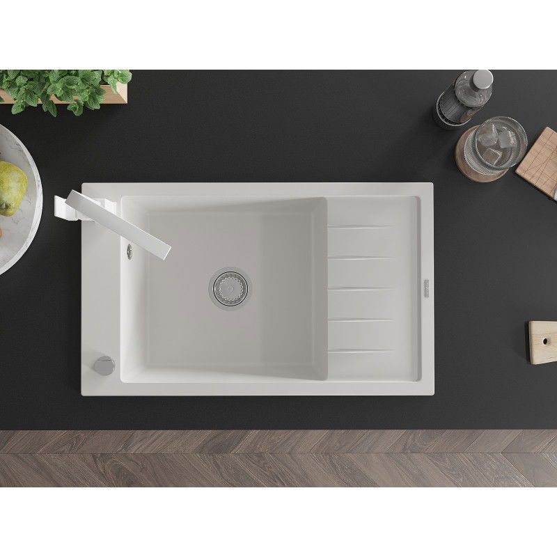 Mexen Elias granite sink 1-bowl with drainer and Rita kitchen tap, white - 6511-20-670300-20