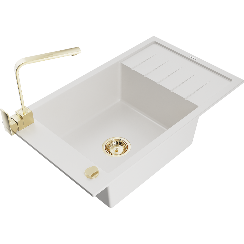 Mexen Elias 1-compartment granite sink with a drip tray and kitchen mixer tap Rita, White - 6511-20-670300-50