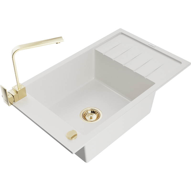 Mexen Elias granite sink 1-bowl with drainer and Rita kitchen faucet, white - 6511-20-670300-50