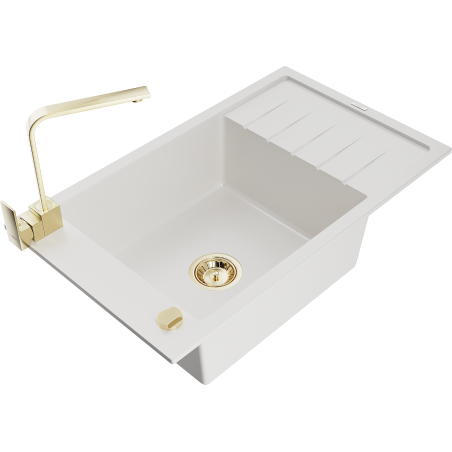 Mexen Elias 1-compartment granite sink with a drip tray and kitchen mixer tap Rita, White - 6511-20-670300-50