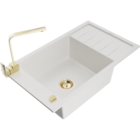 Mexen Elias granite sink 1-bowl with drainer and Rita kitchen faucet, white - 6511-20-670300-50