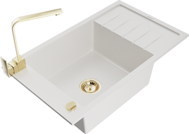 Mexen Elias 1-compartment granite sink with a drip tray and kitchen mixer tap Rita, White - 6511-20-670300-50